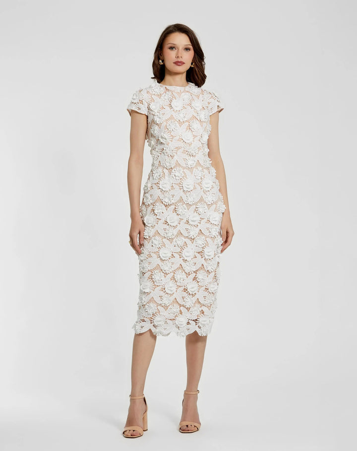 Mac Duggal 81022 Floral Lace Fitted Short Sleeve Midi Dress