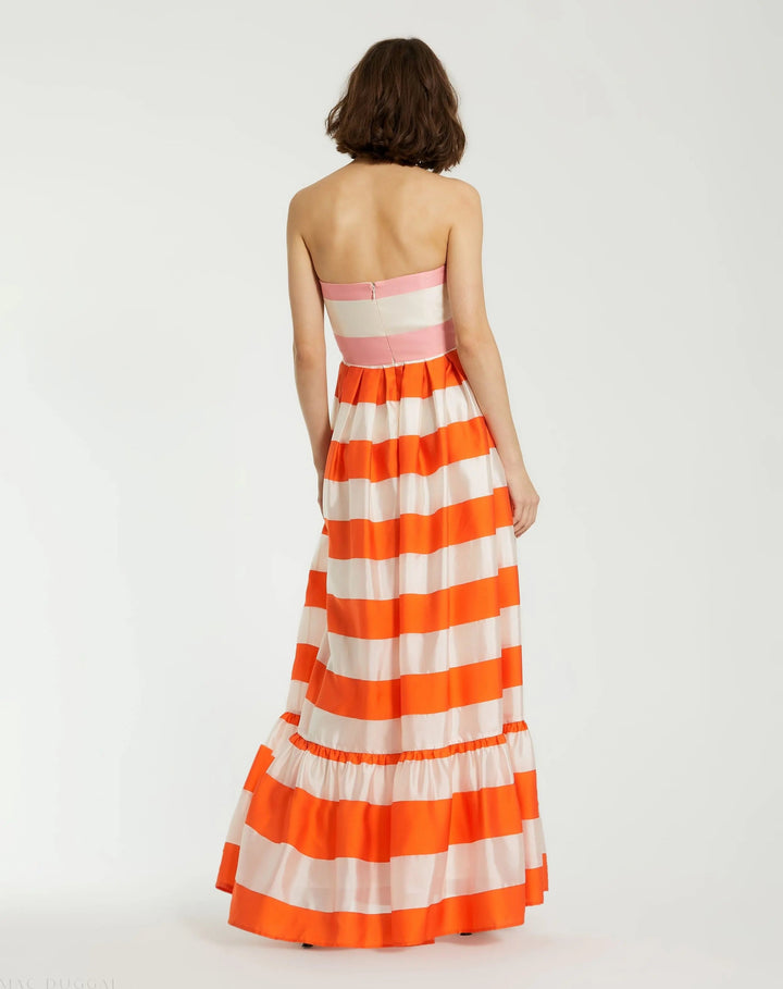 Mac Duggal 81053 Striped Organza Strapless Ruffle Maxi Dress
