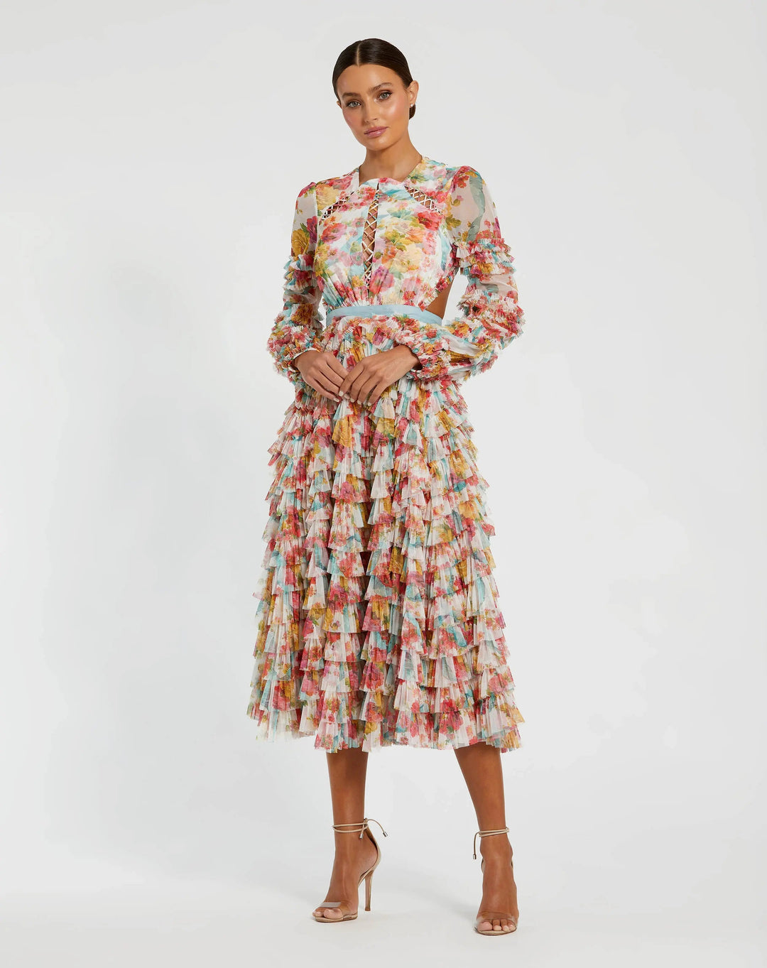 Mac Duggal 8130 Long Sleeve Ruffle Criss Cross Midi Dress