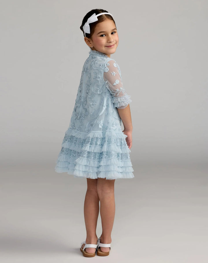 Mac Duggal 8182 Girls Blue Micro Ruffle Embroidered Mini Dress
