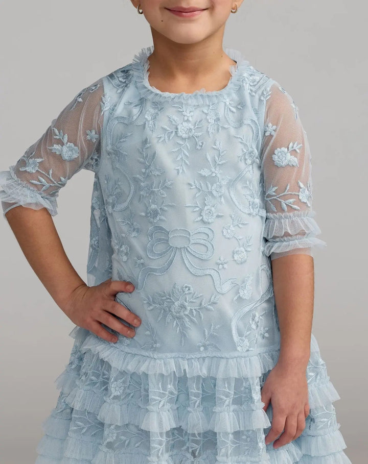 Mac Duggal 8182 Girls Blue Micro Ruffle Embroidered Mini Dress