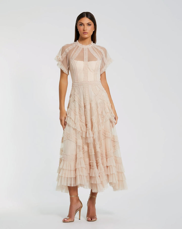 Pink Flutter Sleeve Micro Ruffle Midi Dress - FOSTANI.com