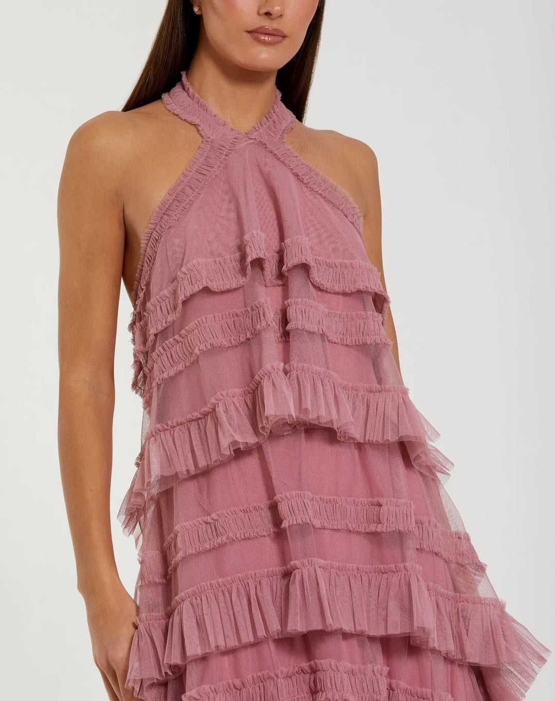 Pink Tiered Ruffle Halter Neck Midi Dress - FOSTANI.com