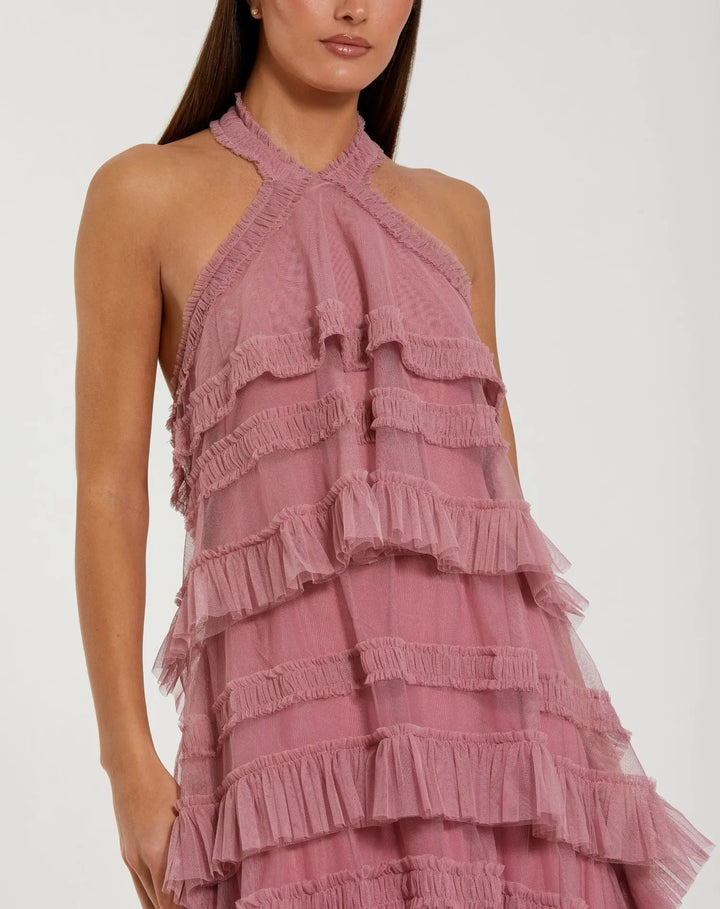 Pink Tiered Ruffle Halter Neck Midi Dress - FOSTANI.com