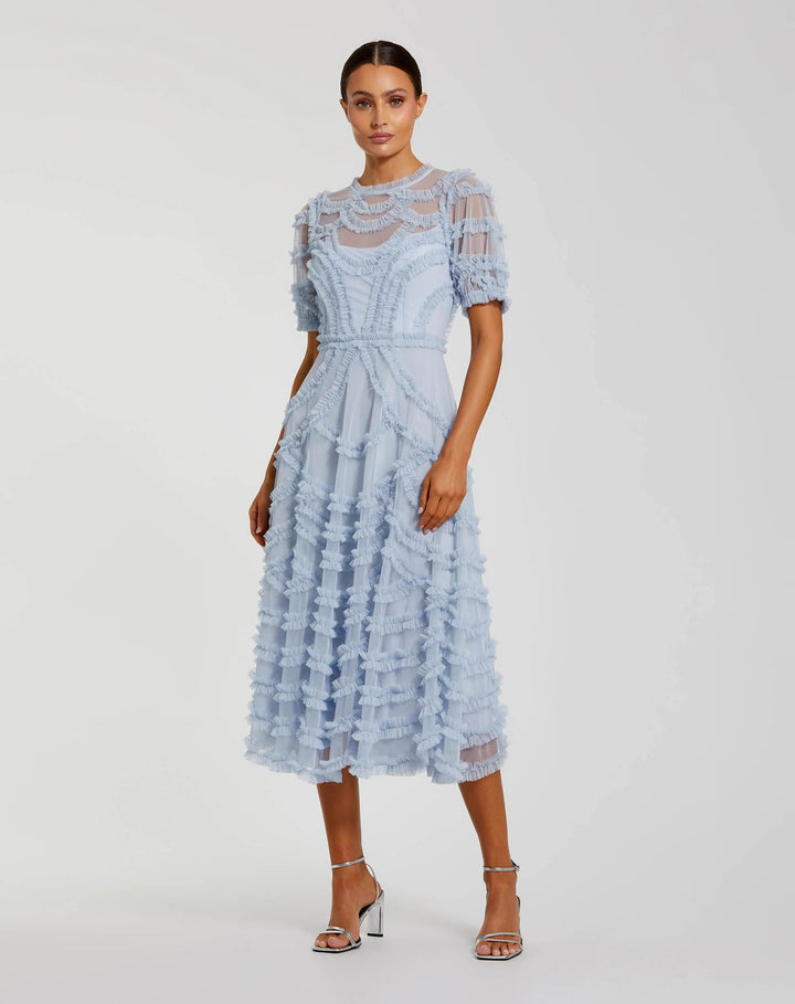 Blue High Neck Short Sleeve Ruffled Midi Dress - FOSTANI.com