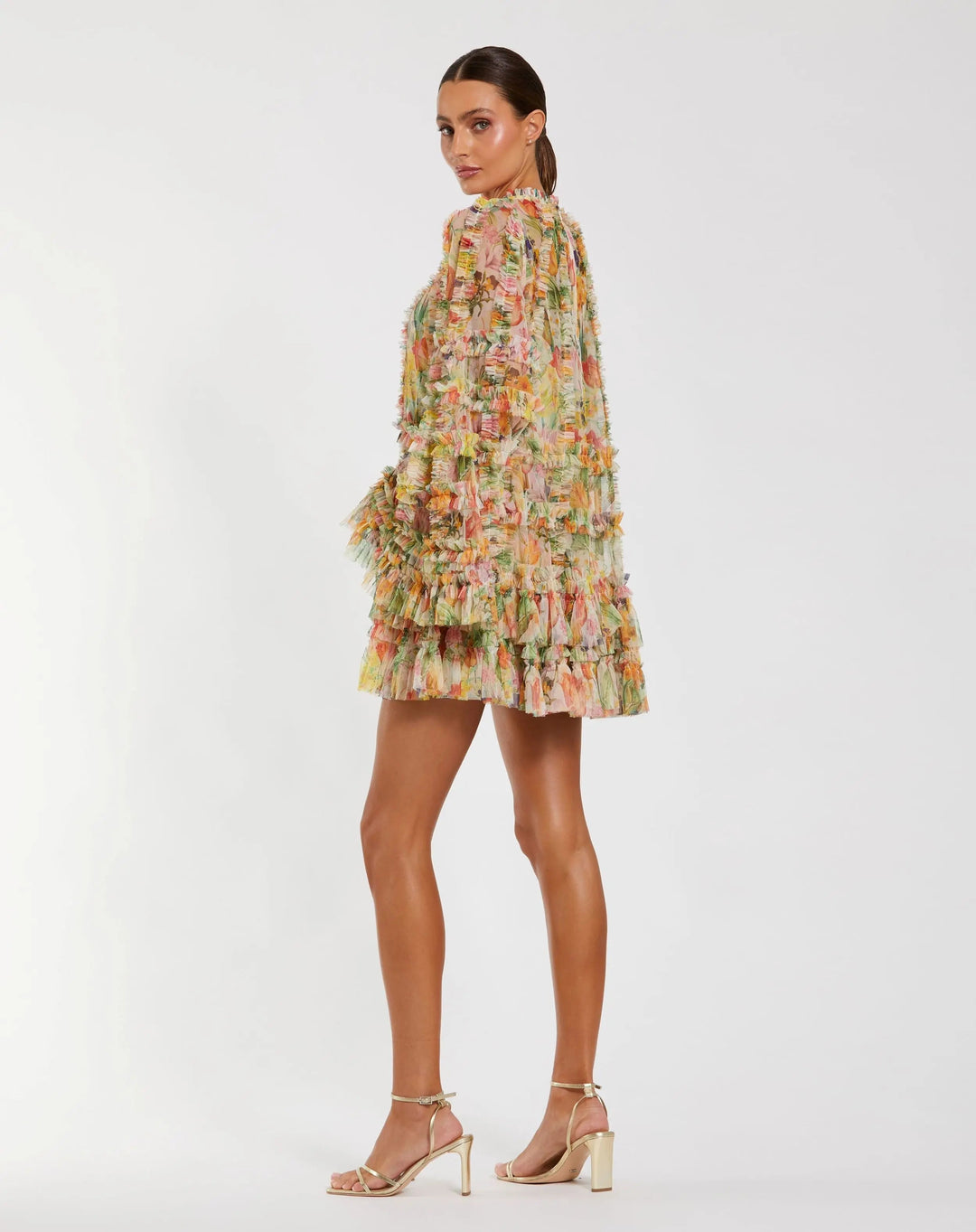 Mac Duggal 8300 Printed Mesh Ruffle High Neck Mini Dress