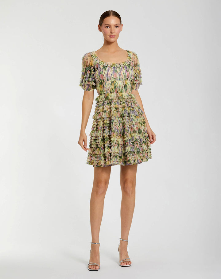 Multicolor Floral Puff Sleeve Ruffle Mini Dress - FOSTANI.com