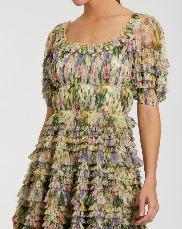Multicolor Floral Puff Sleeve Ruffle Mini Dress - FOSTANI.com