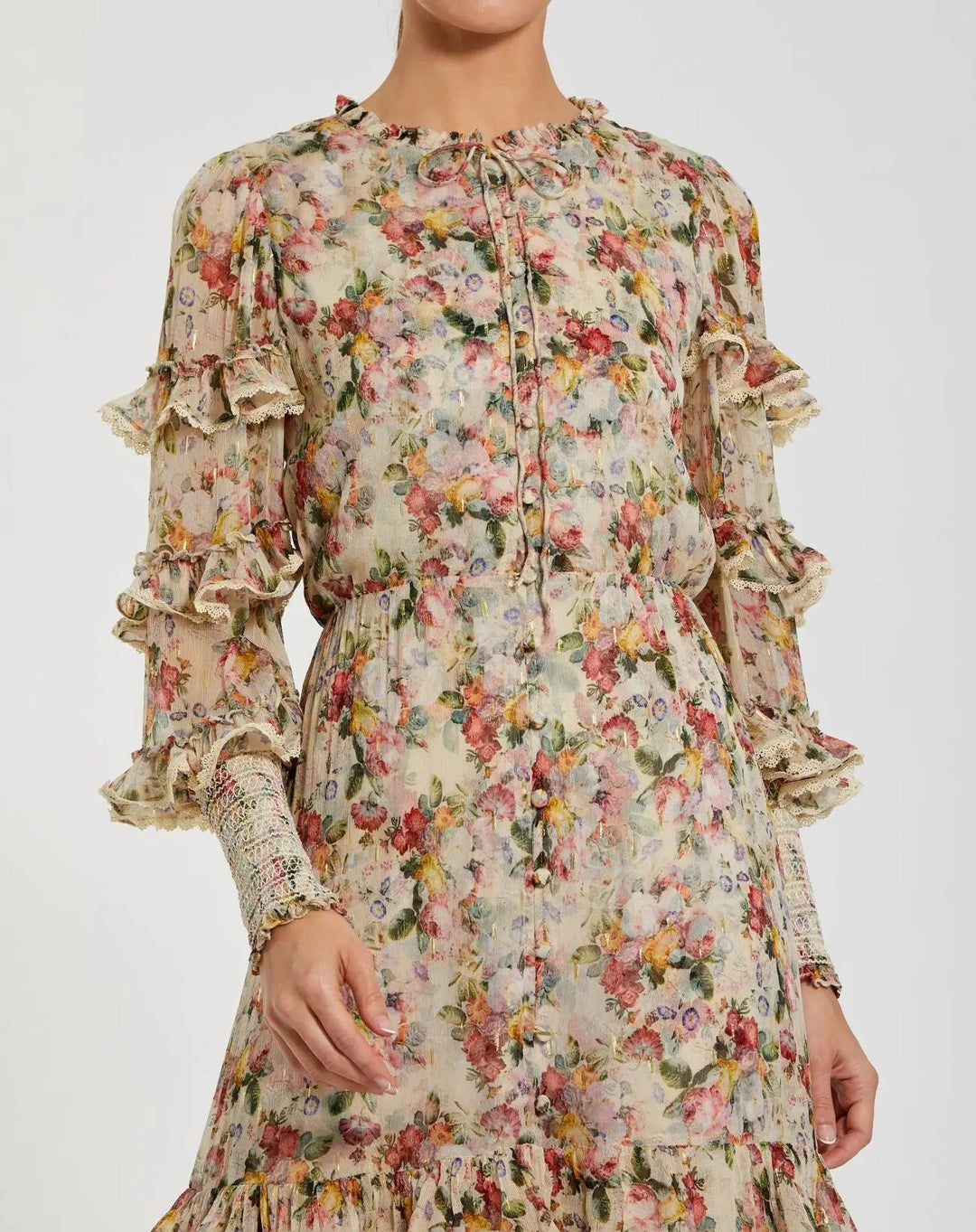 Mac Duggal 8334 Floral Tiered Ruffle Midi Dress with Long Sleeves