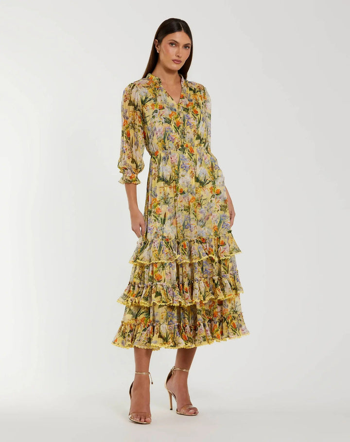 Yellow Floral V Neck Ruffle Midi Dress With 3/4 Sleeves - FOSTANI.com