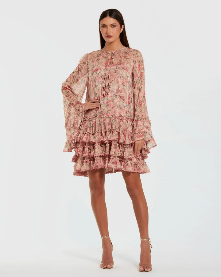Mac Duggal 8336 Floral Long Sleeve Ruffle Mini Dress