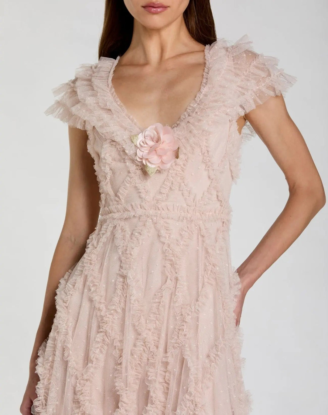 Pink Micro Ruffle Cap Sleeve A-Line Midi Dress - FOSTANI.com