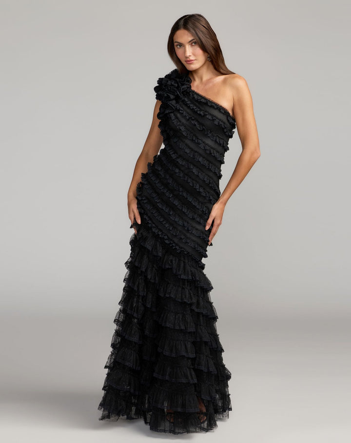 Mac Duggal 8383 One Shoulder Tulle Ruffle Mermaid Gown