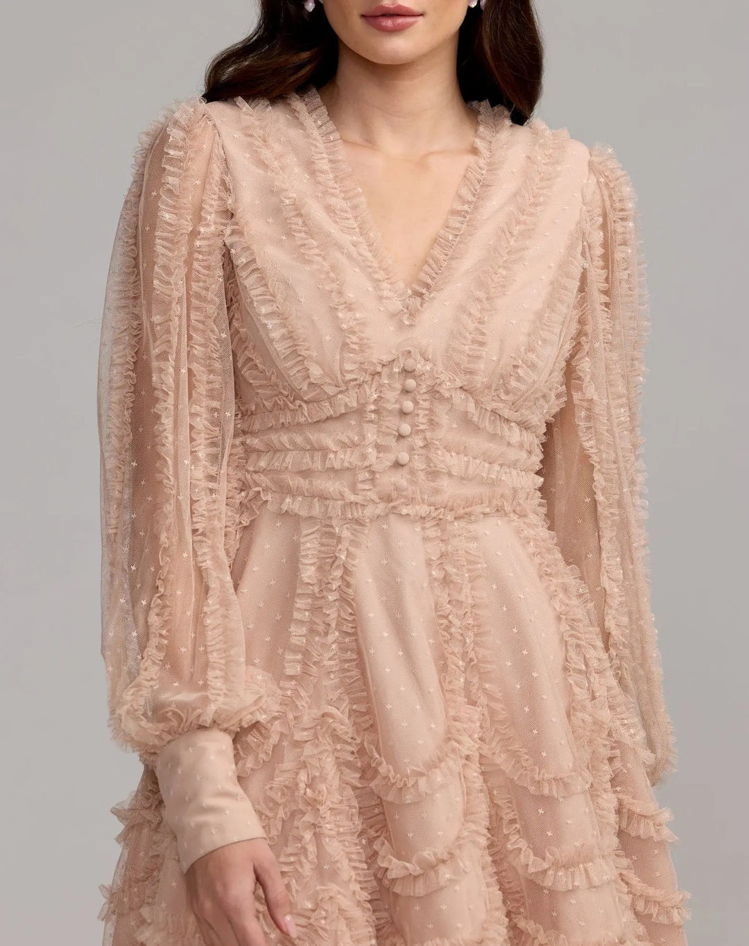 Mac Duggal 8392 Beige Long Sleeve Micro Ruffle V Neck Mini Dress - FOSTANI.com