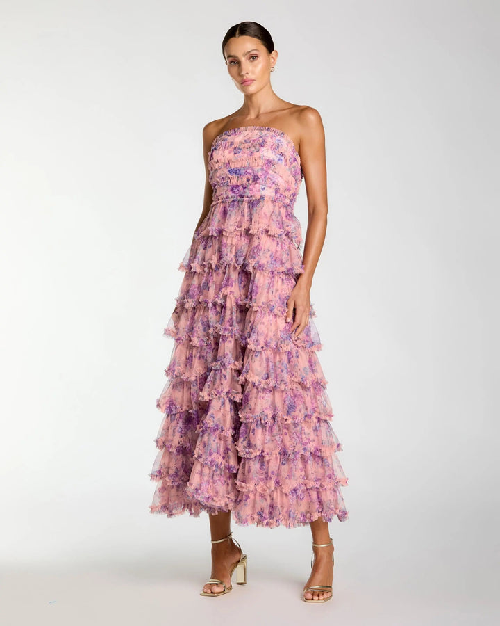 Pink Floral Ruffle Tiered Strapless Midi Dress - FOSTANI.com
