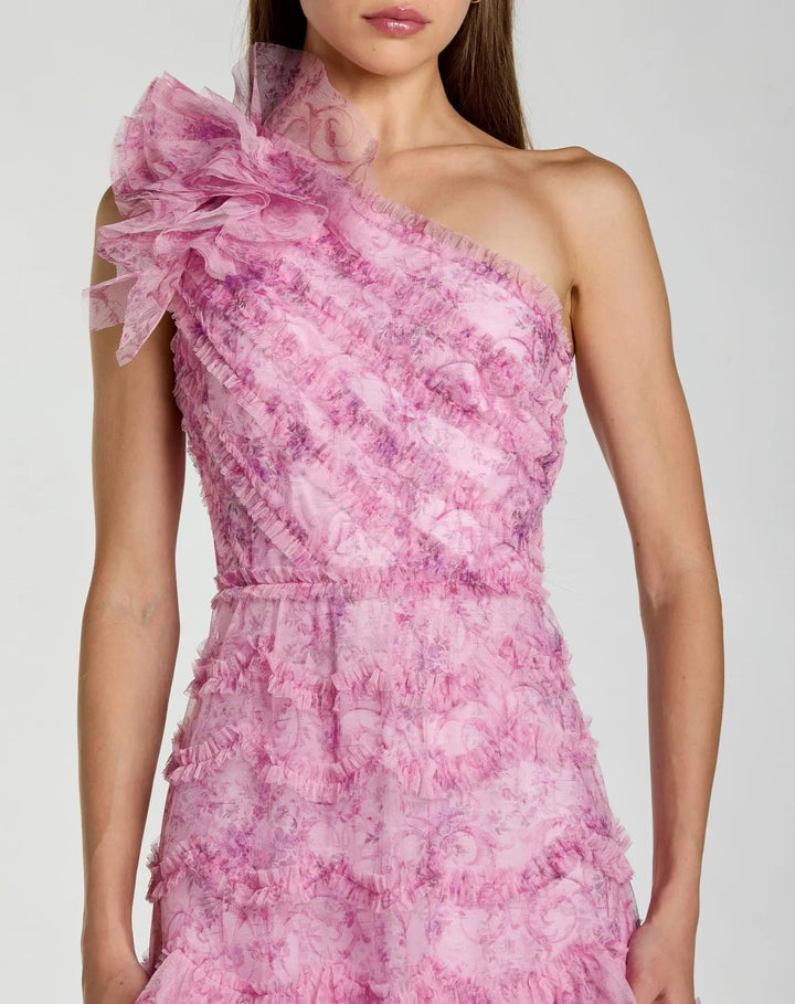 Pink Printed One Shoulder Ruffled A Line Midi Dress - FOSTANI.com