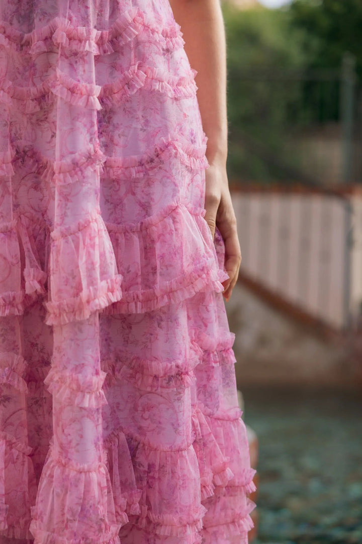 Pink Printed One Shoulder Ruffled A Line Midi Dress - FOSTANI.com