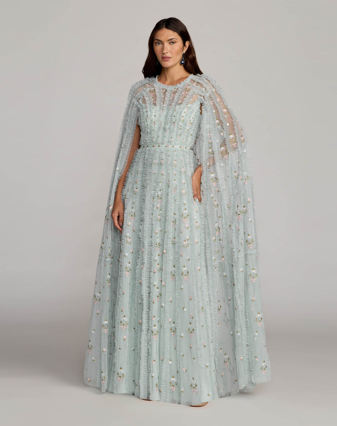 Mac Duggal 8444 Embroidered High Neck Cape Sleeve Gown