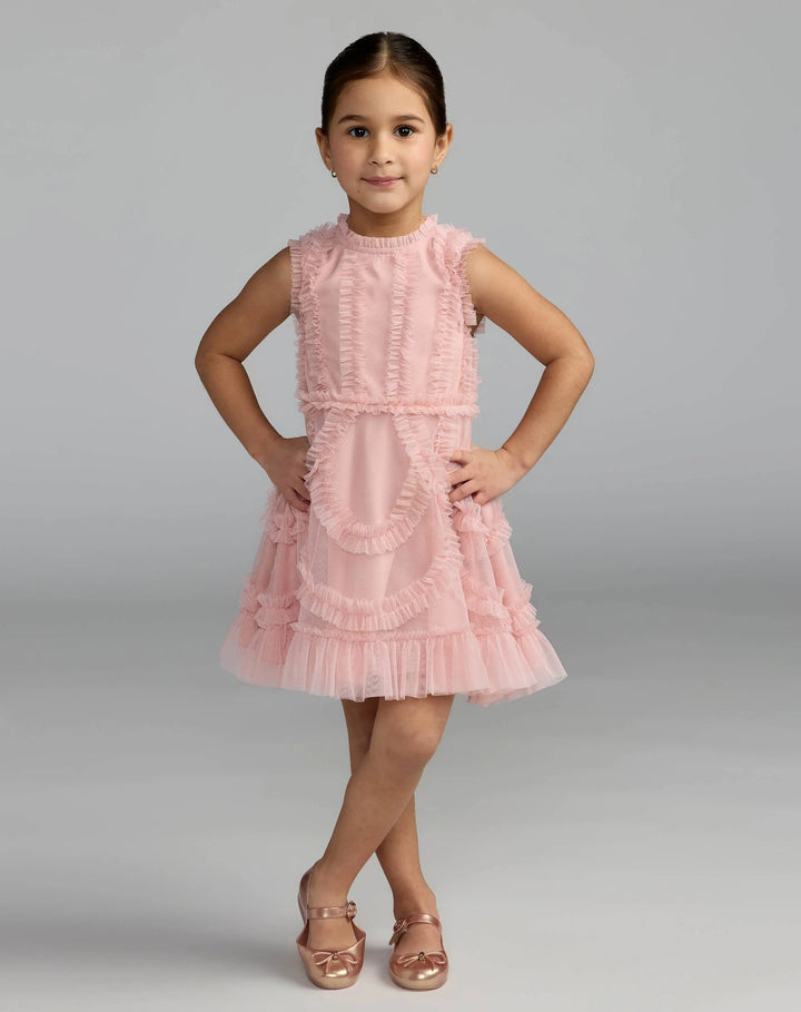 Mac Duggal 8482 Girls Pink High Neck Sleeveless Micro Ruffle Mini Dress