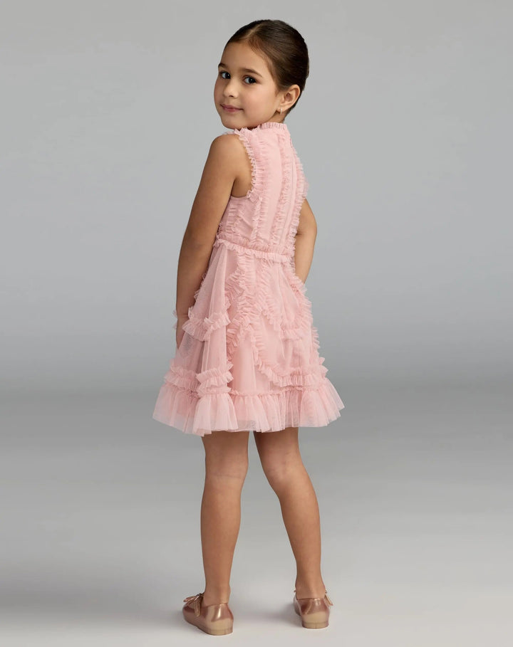 Mac Duggal 8482 Girls Pink High Neck Sleeveless Micro Ruffle Mini Dress