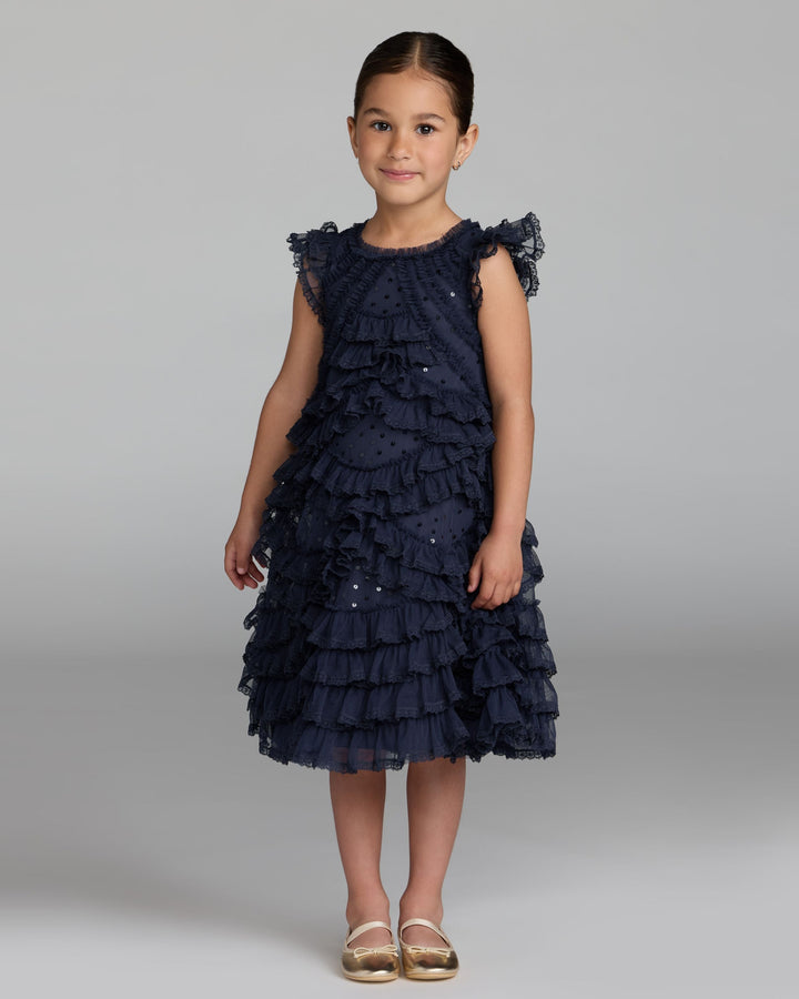 Mac Duggal 8486 Girls Navy High Neck Cap Sleeve Micro Ruffle Dress