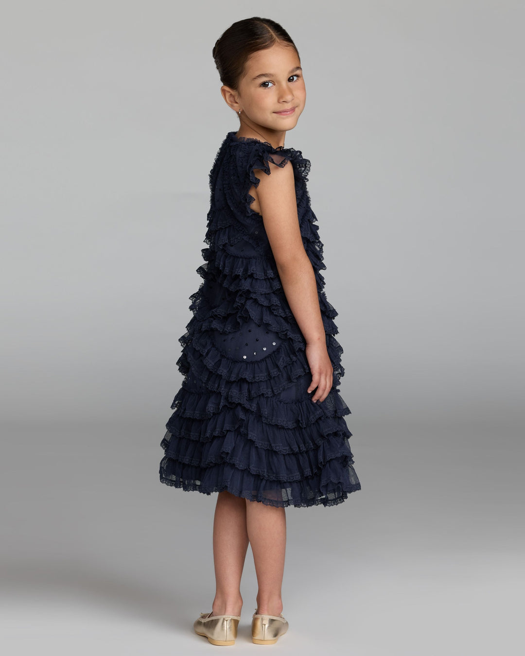 Mac Duggal 8486 Girls Navy High Neck Cap Sleeve Micro Ruffle Dress