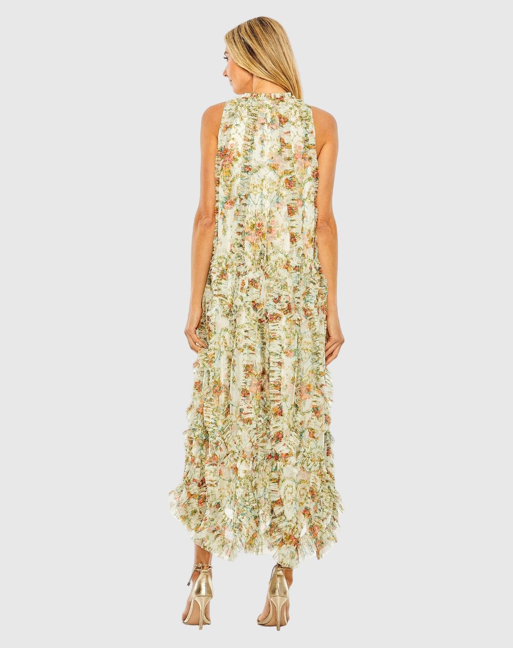 Ivory Sleeveless High Neck Ruffle Floral Dress - FOSTANI.com