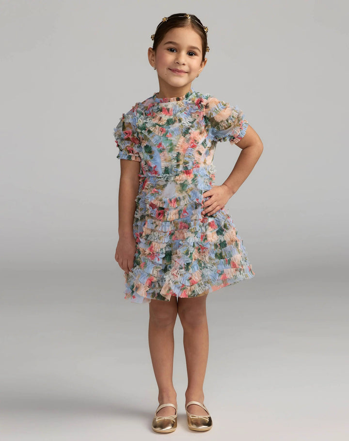Mac Duggal 8495 Girls Blue Floral Ruffle Puff Sleeve Dress