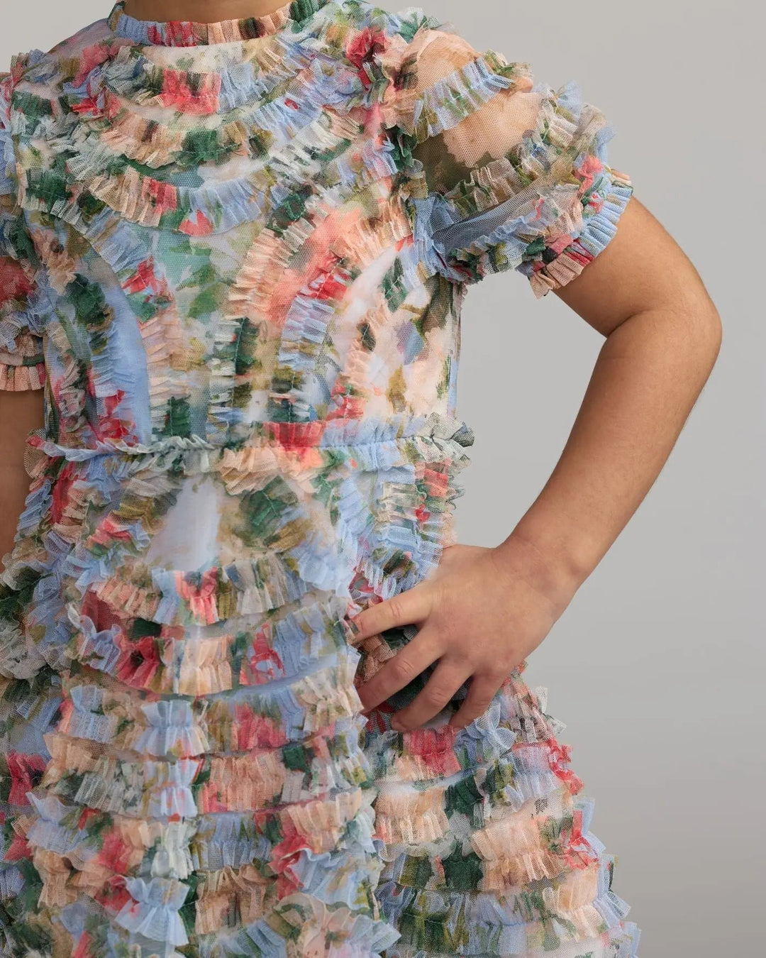 Mac Duggal 8495 Girls Blue Floral Ruffle Puff Sleeve Dress