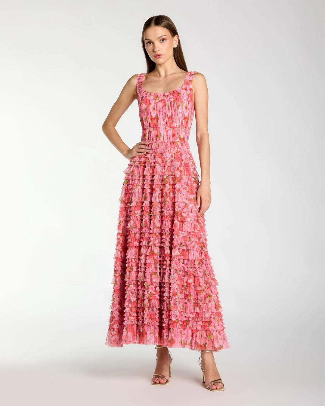 Pink Multicolor Floral Printed Ruffle Maxi Dress - FOSTANI.com