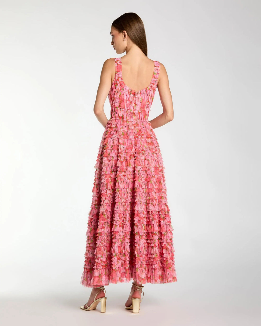 Pink Multicolor Floral Printed Ruffle Maxi Dress - FOSTANI.com