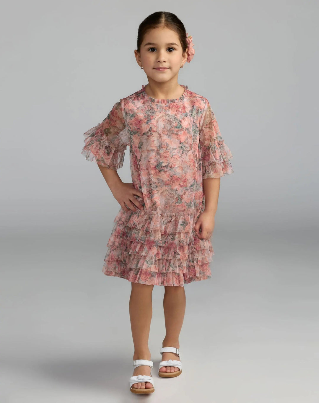 Mac Duggal 8501 Girls Pink Floral Printed Short Sleeve Ruffle Dress