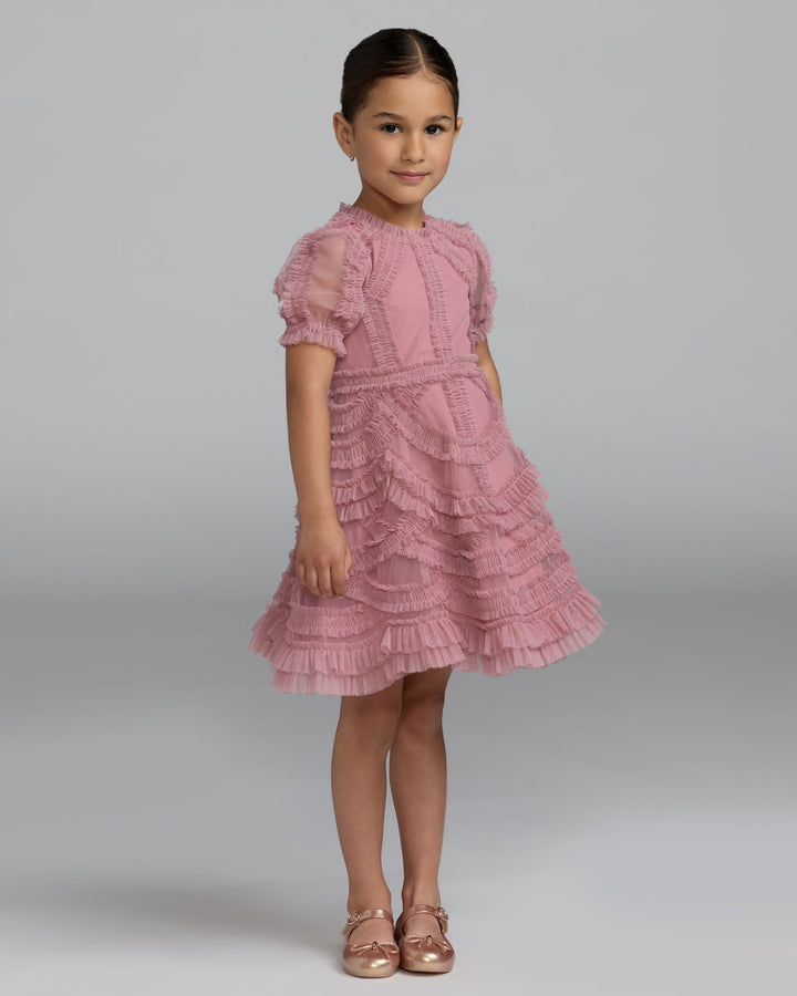 Mac Duggal 8503 Girls Pink High Neck Puff Sleeve Ruffle Mini Dress