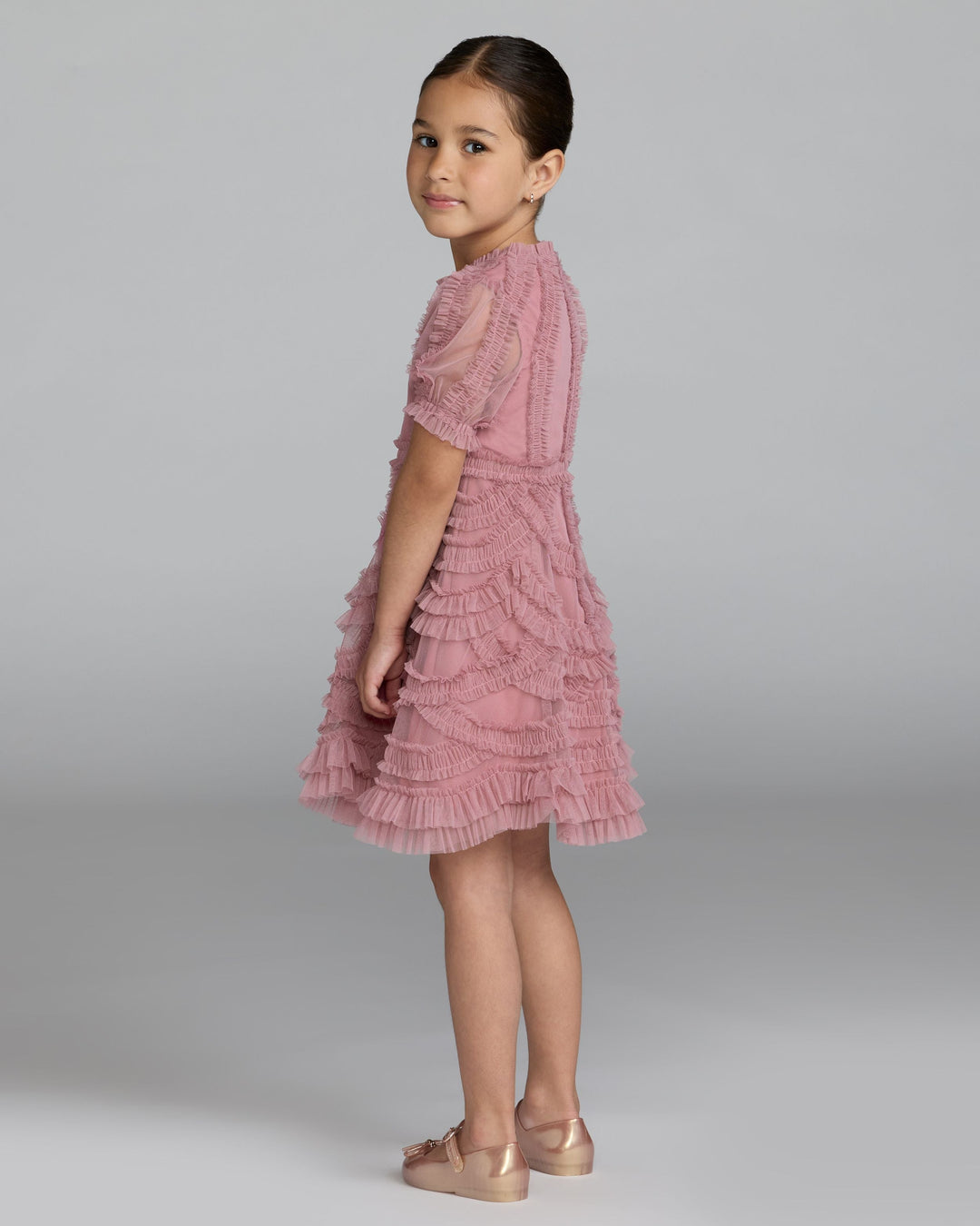 Mac Duggal 8503 Girls Pink High Neck Puff Sleeve Ruffle Mini Dress