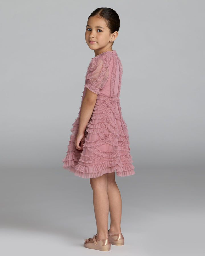 Mac Duggal 8503 Girls Pink High Neck Puff Sleeve Ruffle Mini Dress