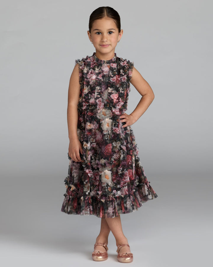 Mac Duggal 8504 Girls Black Floral High Neck Ruffle Dress