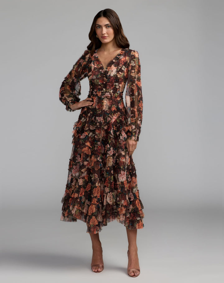Mac Duggal 8509 Floral Long Sleeve Mirco Ruffle Midi Dress