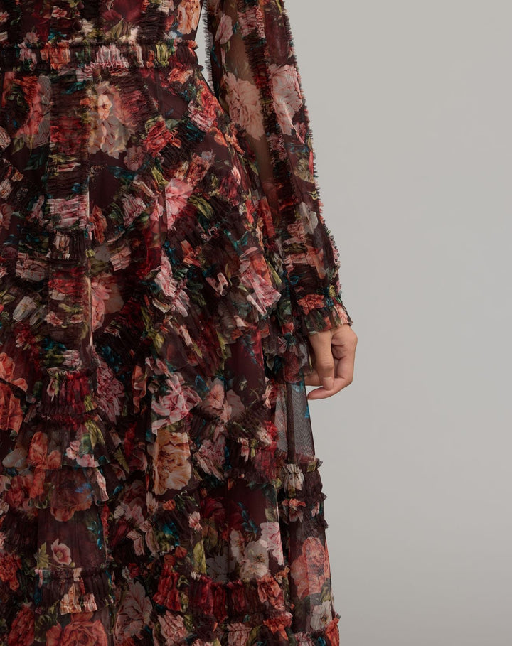 Mac Duggal 8509 Floral Long Sleeve Mirco Ruffle Midi Dress