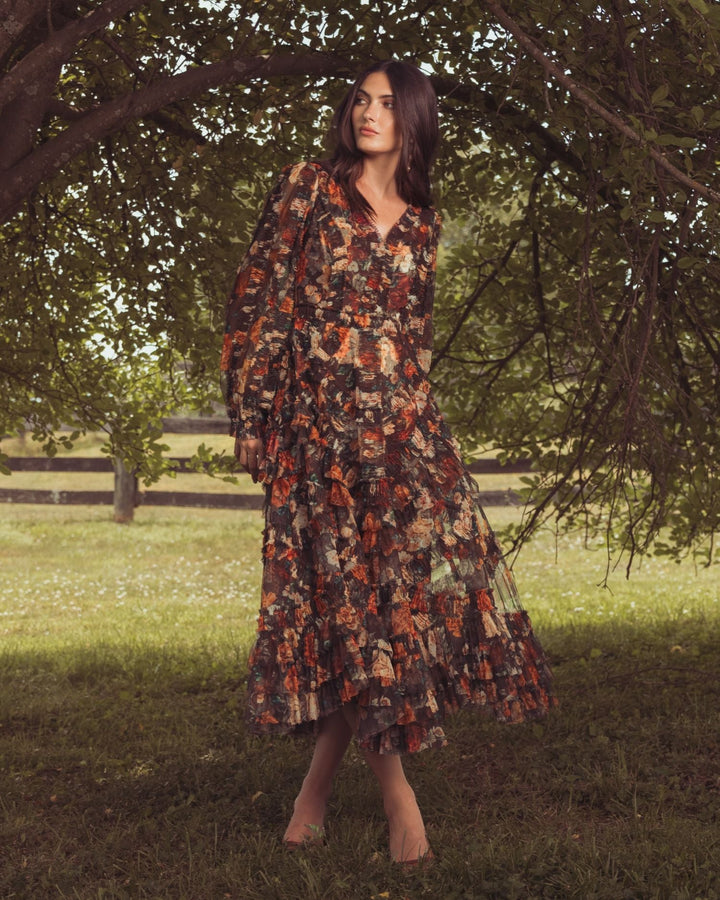 Mac Duggal 8509 Floral Long Sleeve Mirco Ruffle Midi Dress