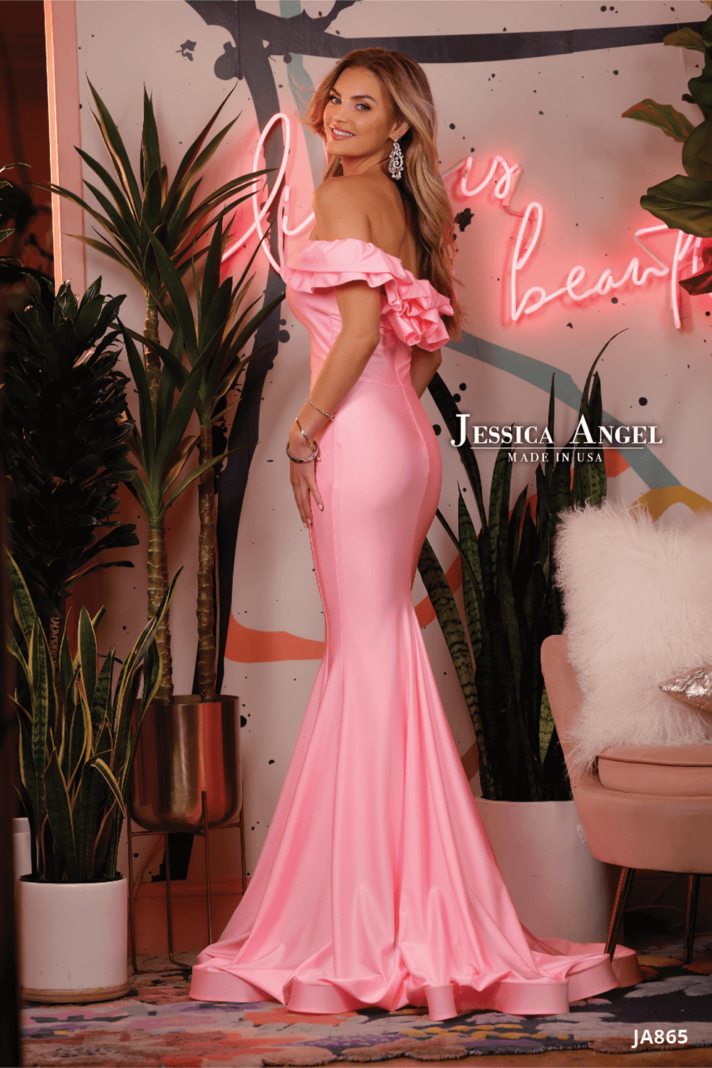 Jessica Angel 865 off shoulder ruffle mermaid gown back view