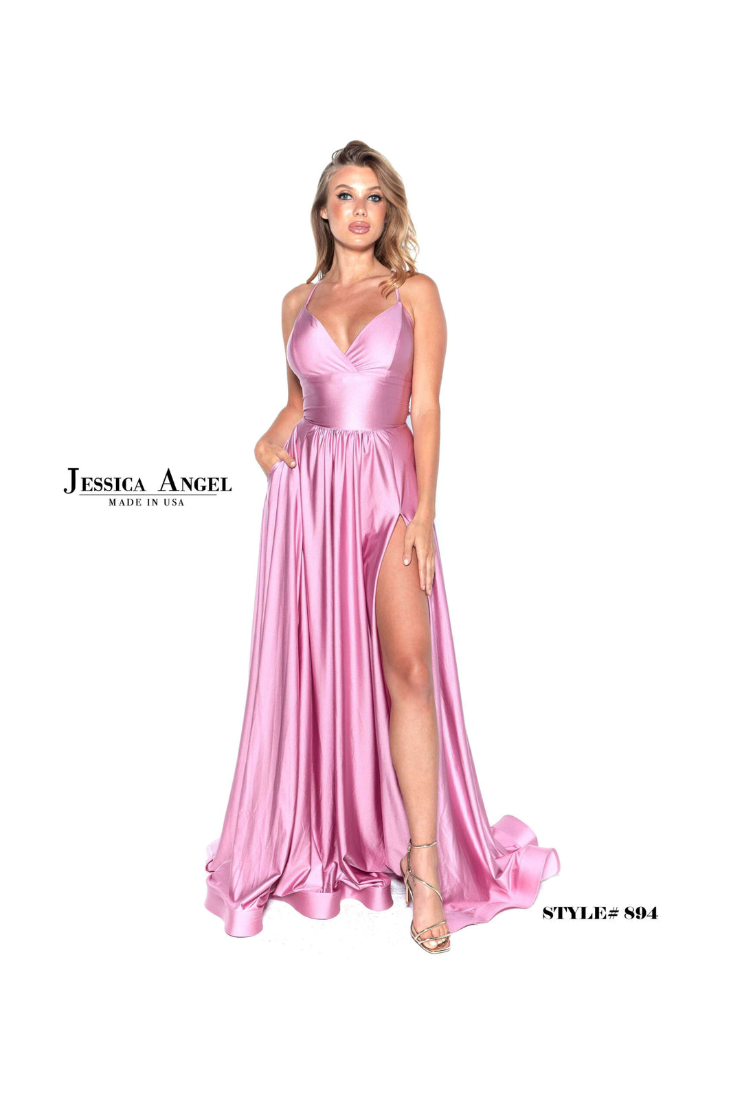 Jessica Angel 894 A-line gown with slit front view 2