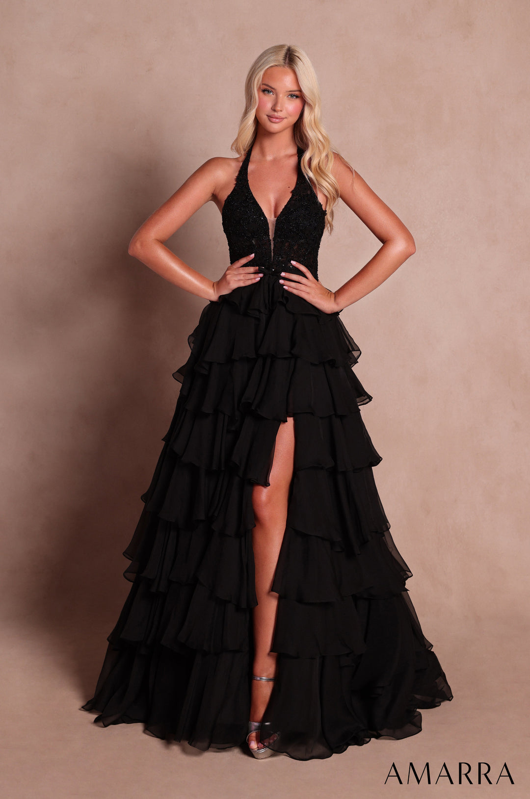Amarra 89633 black halter beaded lace gown with tiered chiffon ruffle skirt - front view