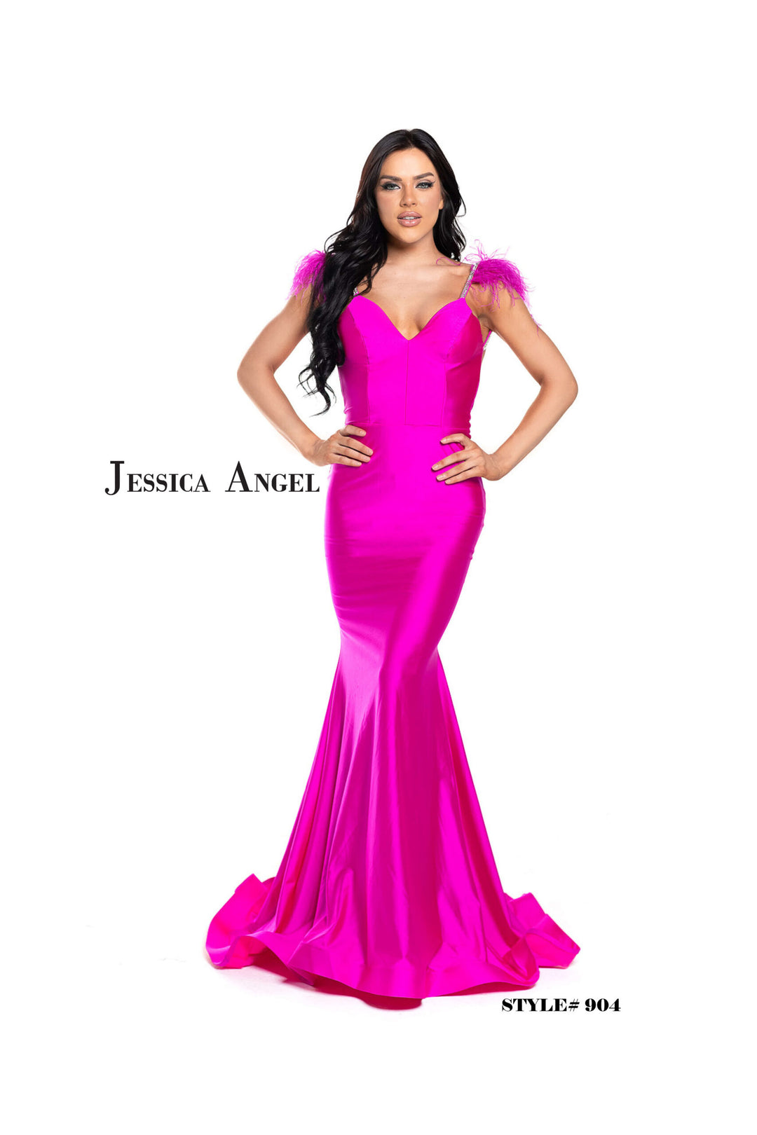 Jessica Angel 904 feather shoulder mermaid gown front view