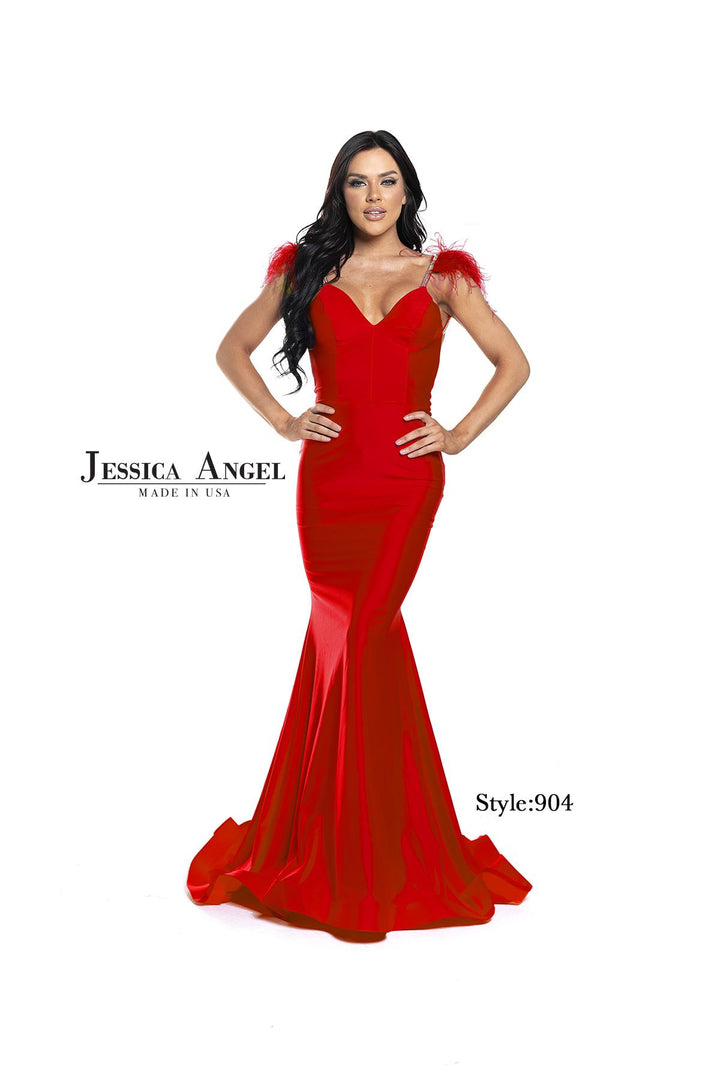Jessica Angel 904 feather shoulder mermaid gown front view 2