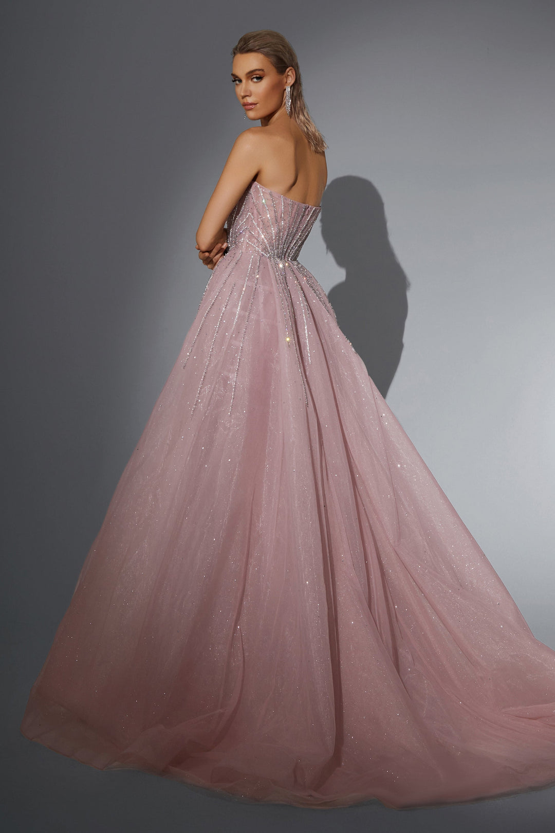 Delilah HM406 Strapless Sweetheart Beaded Column Gown with Sparkle Overskirt and Slit - Pink back view