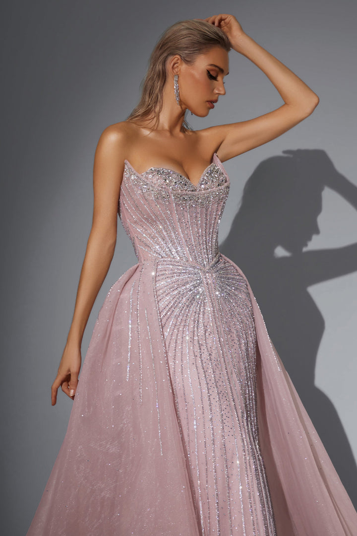 Delilah HM406 Strapless Sweetheart Beaded Column Gown with Sparkle Overskirt and Slit - Pink close-up view