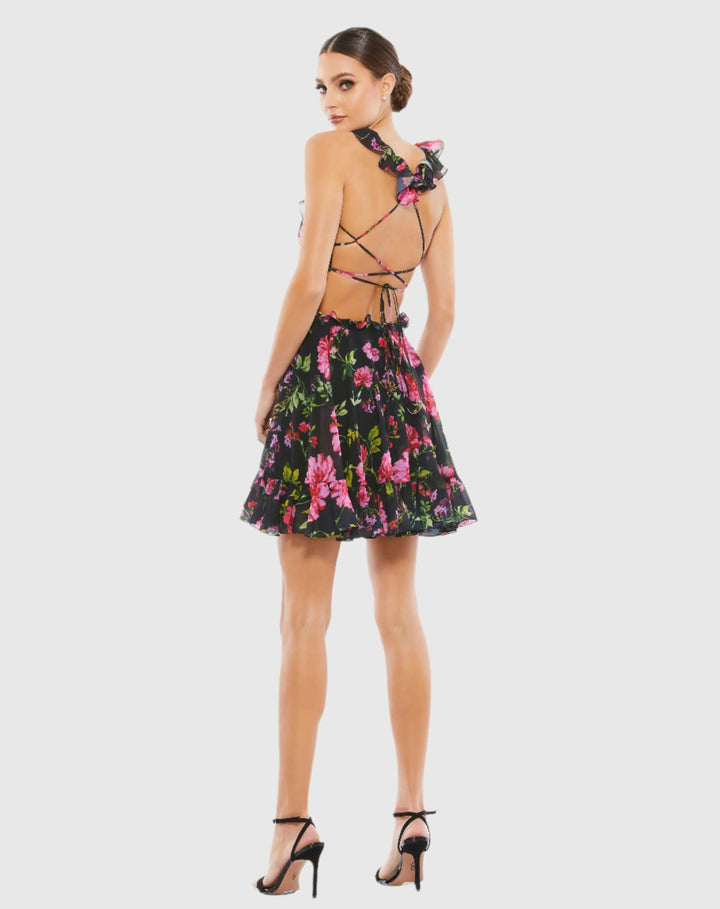 Mac Duggal 9155 Black Ruffle Cut Out Lace Up Flowy Mini Dress