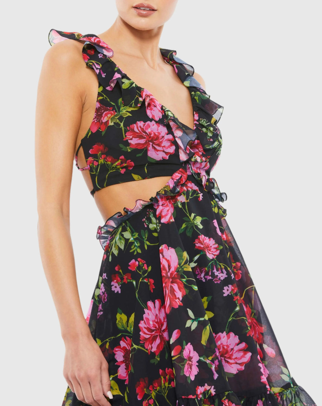 Mac Duggal 9155 Black Ruffle Cut Out Lace Up Flowy Mini Dress