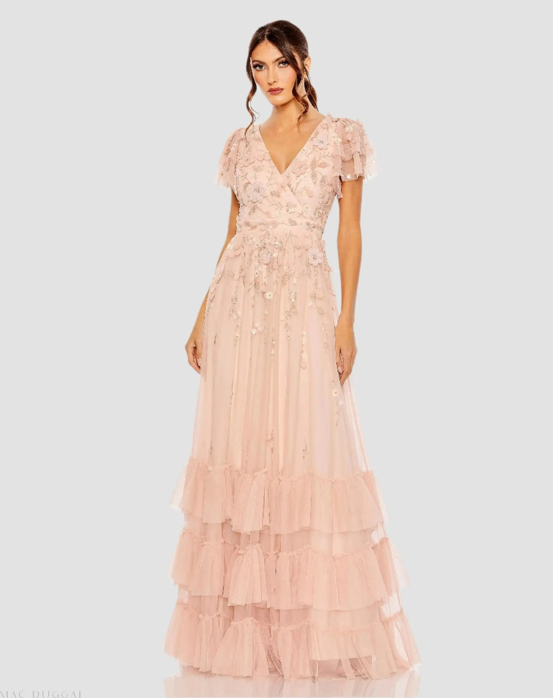 Mac Duggal 9189 Ruffle Tiered Embellished Faux Wrap Flutter Sleeve Gown