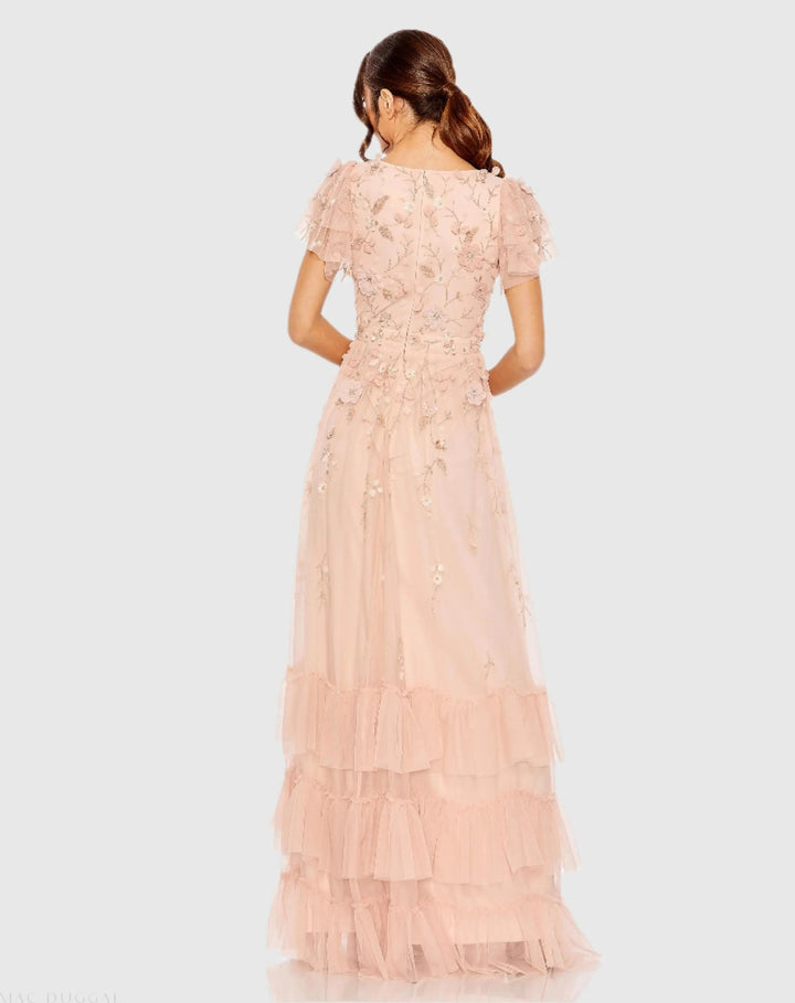 Mac Duggal 9189 Ruffle Tiered Embellished Faux Wrap Flutter Sleeve Gown